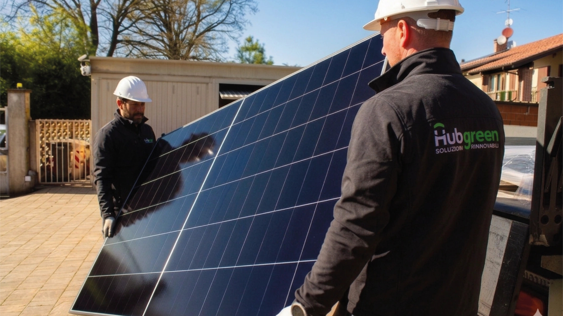 Operai che trasportano pannello fotovoltaico